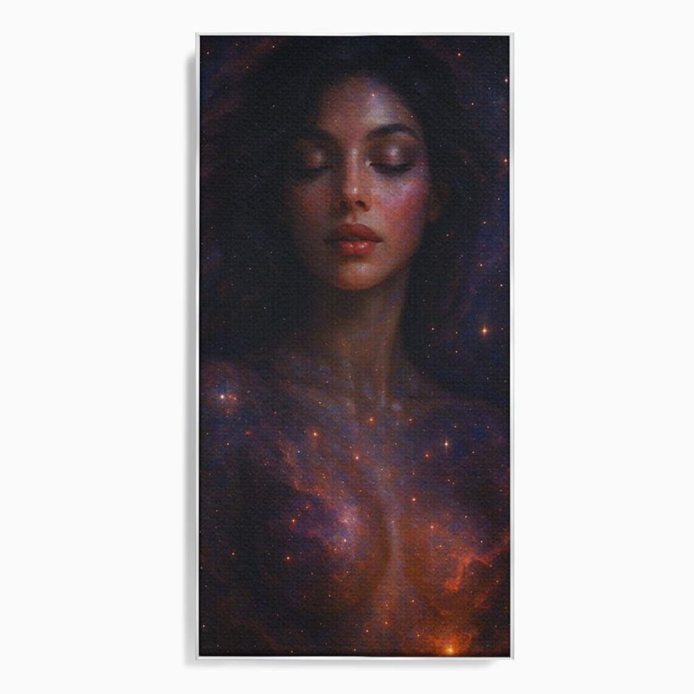 Tablou canvas cu tablou canvas cu femeie si galaxie, in rama de aluminiu argintiu